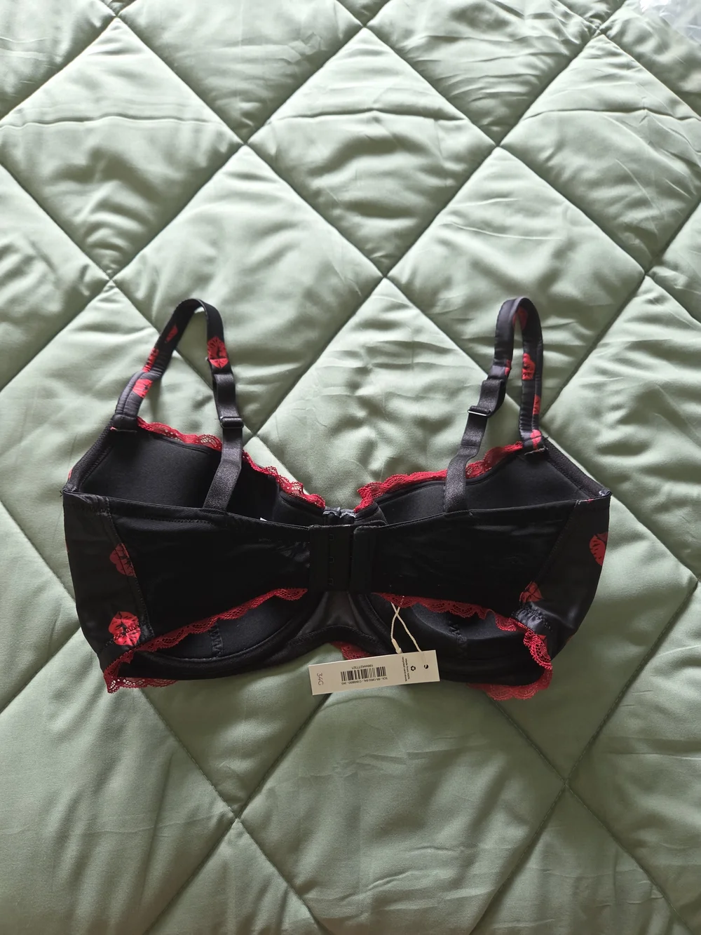 Adore Me Black Balconette Bra with Red Kiss Print